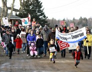 Hundreds participated in Walk the Block rallies in Hillsborough and Riverside-Albert (seen here) in Albert County in early 2013 to show their opposition to the granting of approvals for oil and gas development in the county and province. Hillsborough Village Council passed a resolution in March calling upon the government of New Brunswick to stop all approved gas and oil activities within 4 km of village limits and 4 km from water supplies, both above and below ground. According to Minister of Energy and Mines Craig Leonard, there are no justifications to cease oil and gas activity at this point. Photo by Deborah Carr.