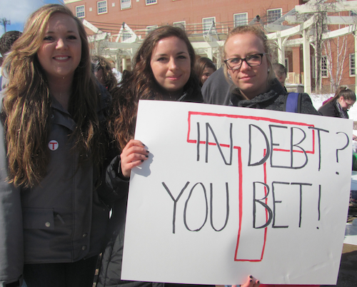 About 100 students gather against tuition hikes at St. Thomas University on March 21st. Photo by Tracy Glynn. 