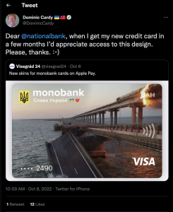 A screengrab shows that Dominic Cardy retweeted the image of a bridge explosion as the background to a Visa credit card; Cardy writes: "Dear @nationalbank , when I get my new credit card in a few months I’d appreciate access to this design. Please, thanks. :-)"