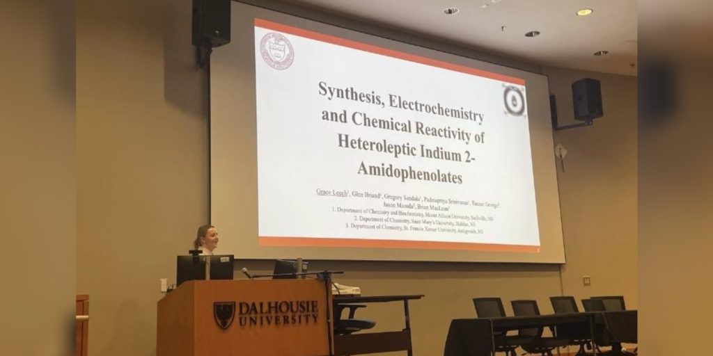 A presenter stands at a podium. Behind them, the projection reads "Synthesis, Electrochemistry, and Chemical Reactivity of Heteroleptic Indium 2-Amidophenolates."
