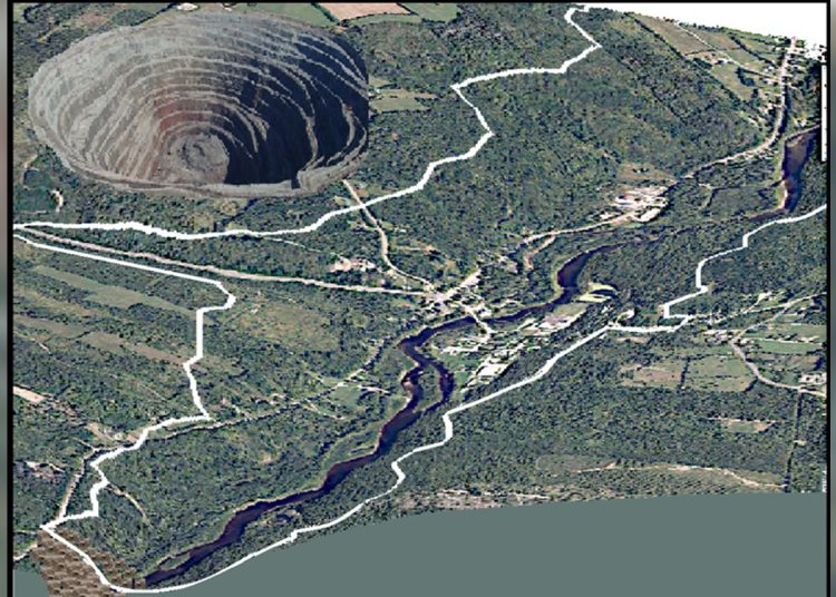 Artist rendering of the scale of the open pit, tailings, and tailing dam proposed for the Upper Nashwaak superimposed on the Village of Stanley.