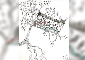 Artwork by Incé Husain depicts the Palestinian flag alongside symbols of resistance.