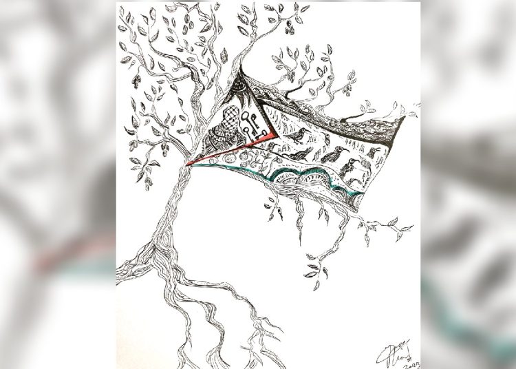 Artwork by Incé Husain depicts the Palestinian flag alongside symbols of resistance.