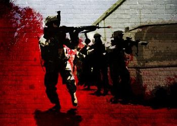 Remembrance Day art of soldiers on a red and grey background.