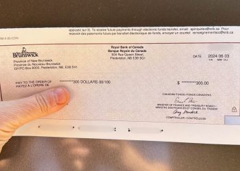 A cheque from the Province of New Brunswick for $300, dated June 3, 2024, issued by the Royal Bank of Canada.