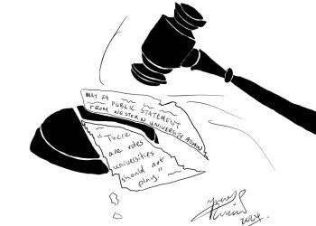 Illustration titled "Order in the Court" by Incé Husain shows a judge's gavel striking down on a torn statement from Western University Admin, dated May 29, declaring, "There are roles universities should not play!"