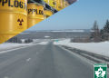 Composite image of a radioactive waste barrel and the Trans-Canada Highway.
