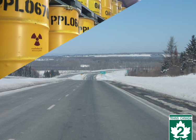 Composite image of a radioactive waste barrel and the Trans-Canada Highway.